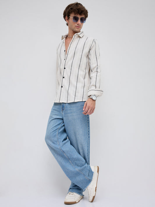 Ivory & Black Embroidered Striped Shirt