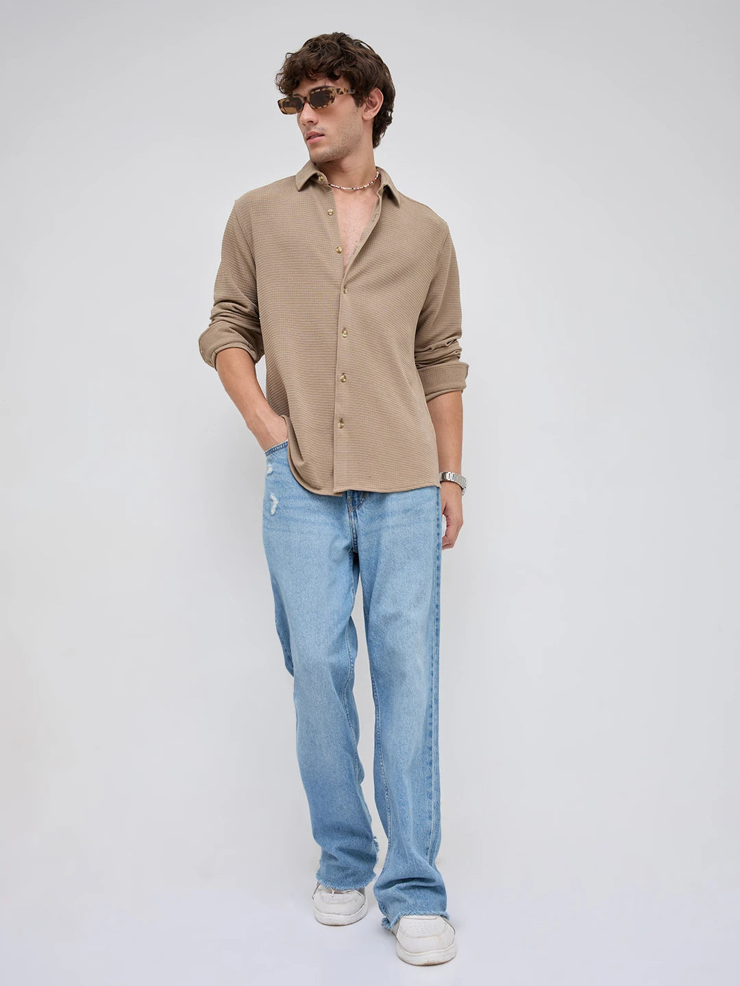 Refined Khaki Gingham Checks Knitted Shirt