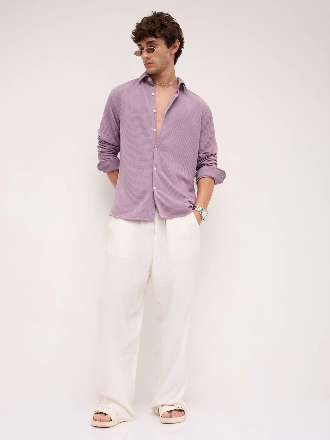 Refined Dusty Lilac Gingham Checks Knitted Shirt