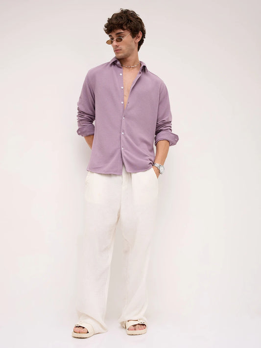 Refined Dusty Lilac Gingham Checks Knitted Shirt