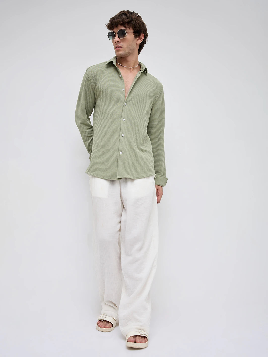 Refined Sage Green Gingham Checks Knitted Shirt