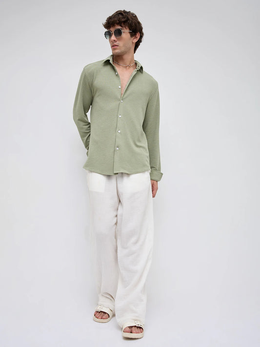 Refined Sage Green Gingham Checks Knitted Shirt
