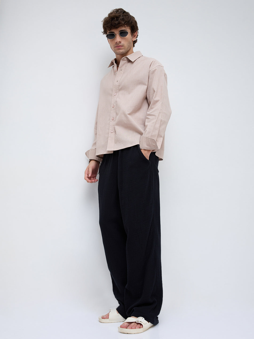 Natural Beige Sheer Fine Weave Boxy Fit Crop Shirt