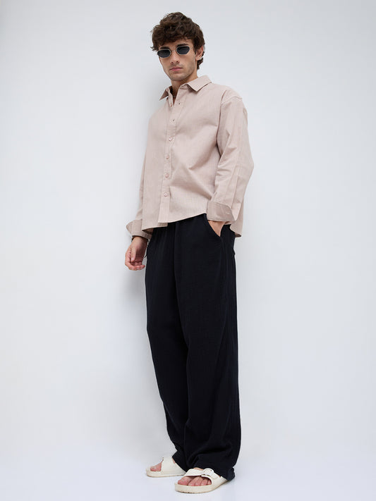 Natural Beige Sheer Fine Weave Boxy Fit Crop Shirt