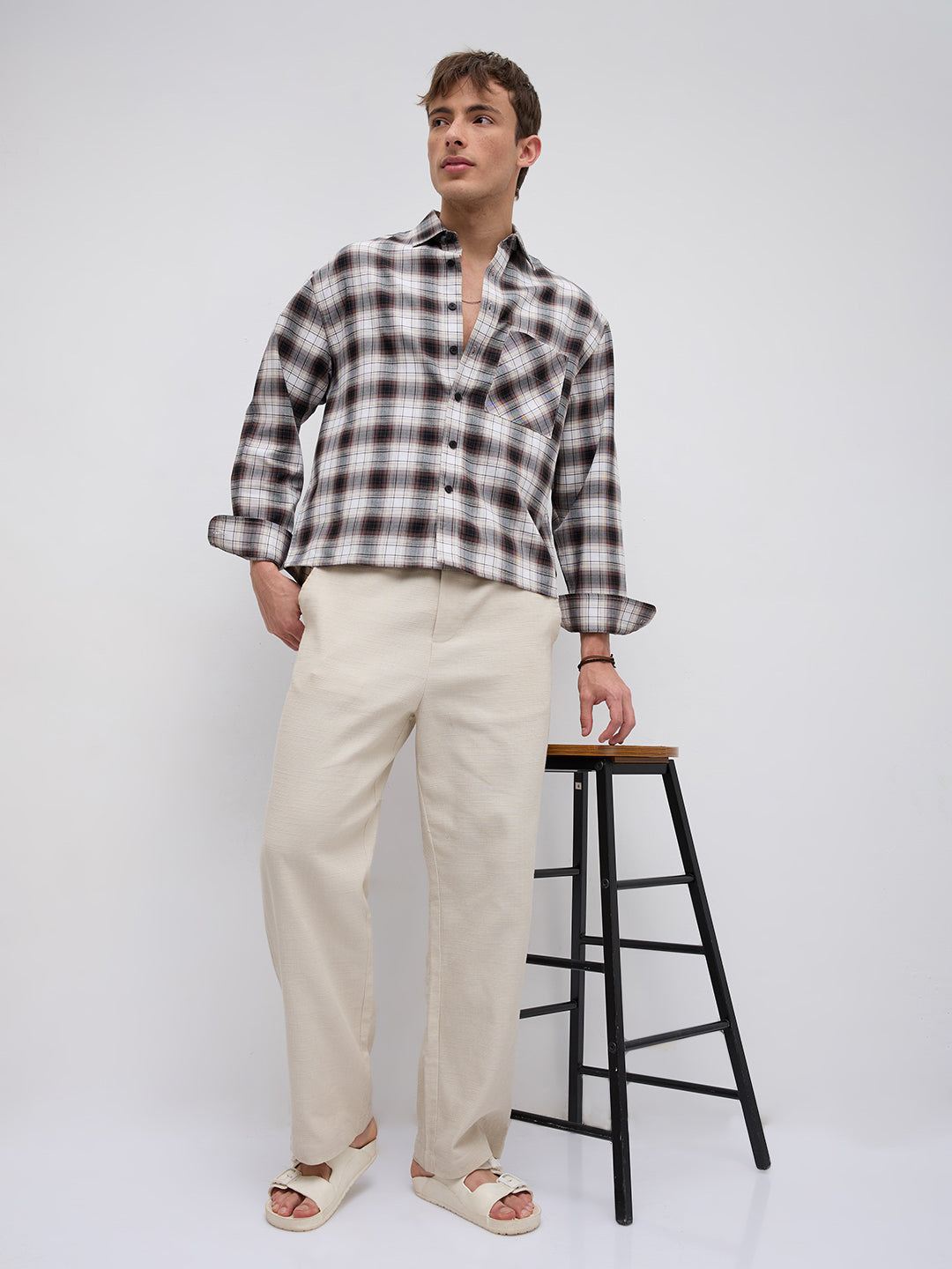 Brown & Ivory Crosshatch Checks Boxy Fit Crop Shirt
