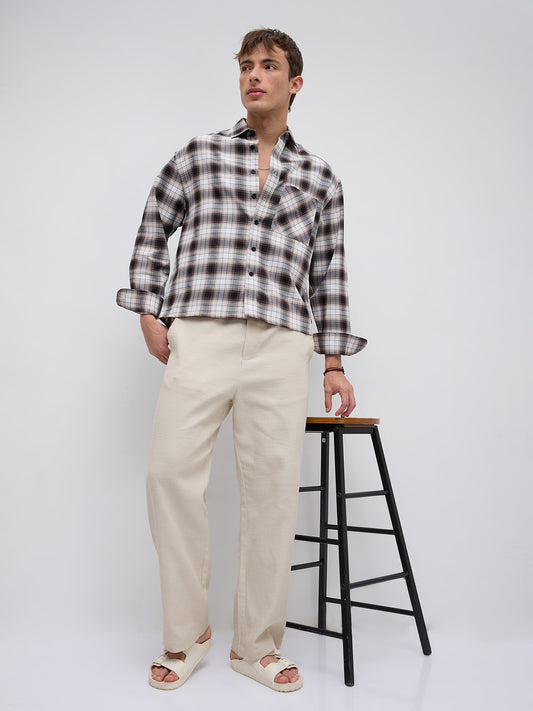 Brown & Ivory Crosshatch Checks Boxy Fit Crop Shirt