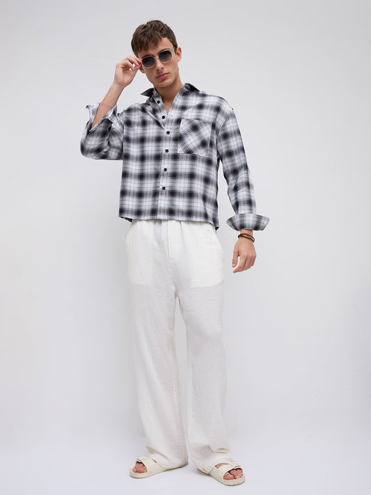 Black & White Tartanique Checked Boxy Fit Crop Shirt