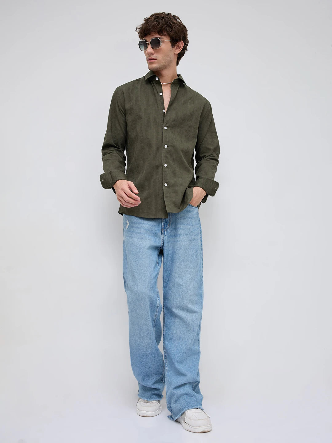 Deep Olive Elevated Grid Detail Checks Shirt
