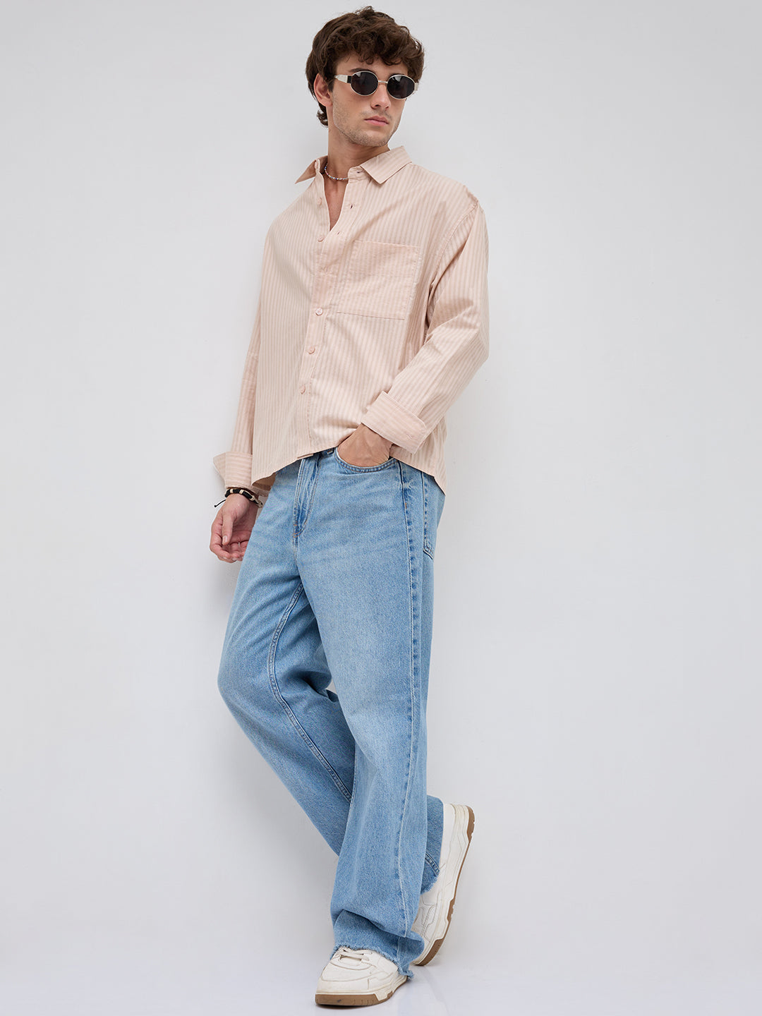 Plush Powder Pink Subtle Striped Boxy Fit Crop Shirt