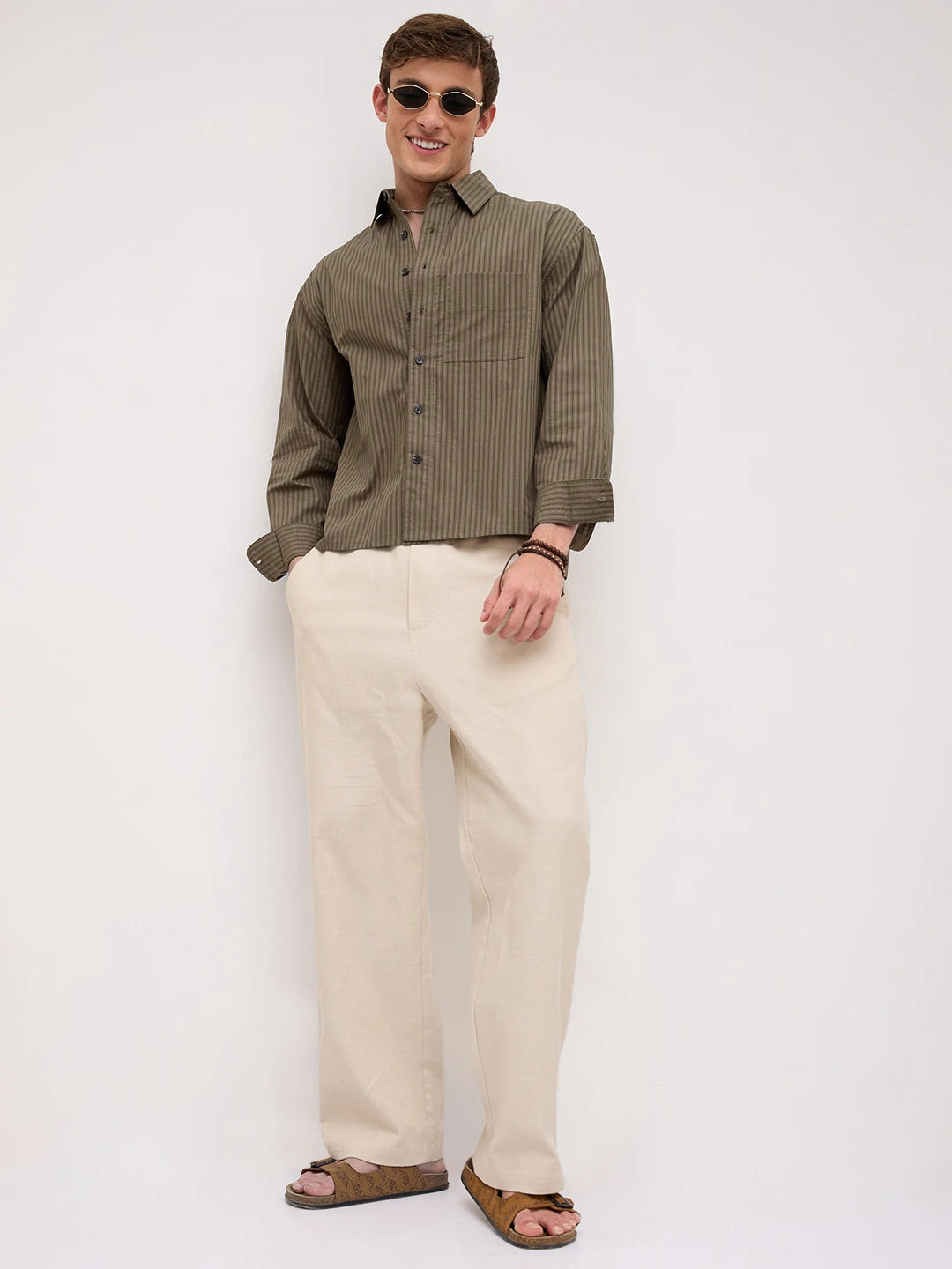 Olive Sheer Striped Boxy Fit Crop Shirt