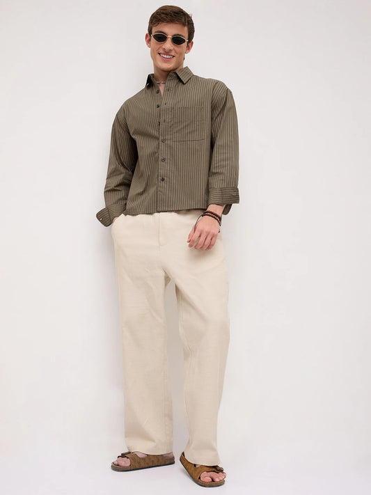 Olive Sheer Striped Boxy Fit Crop Shirt