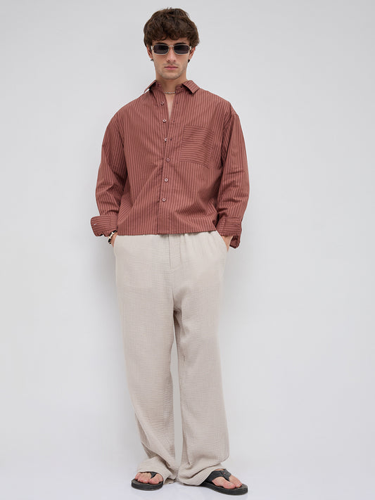 Plush Russet Brown Shadow Striped Boxy Fit Crop Shirt