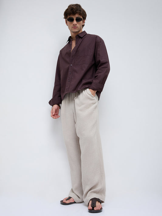 Plush Brunette Brown Subtle Striped Boxy Fit Crop Shirt