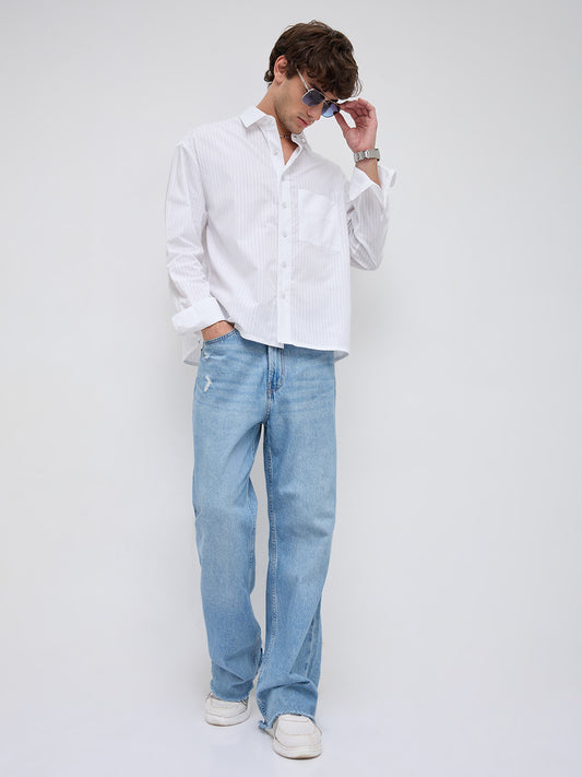 White Mist Sheer Stripe Boxy Crop Shirt