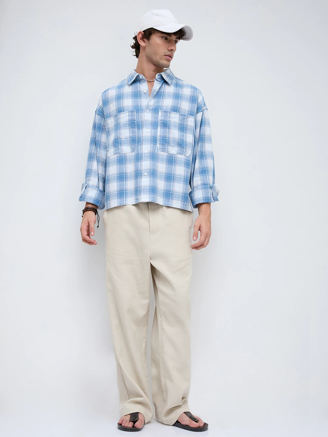 Denim Blue & White Plaid Twin Pocket Oversized Crop Shirt