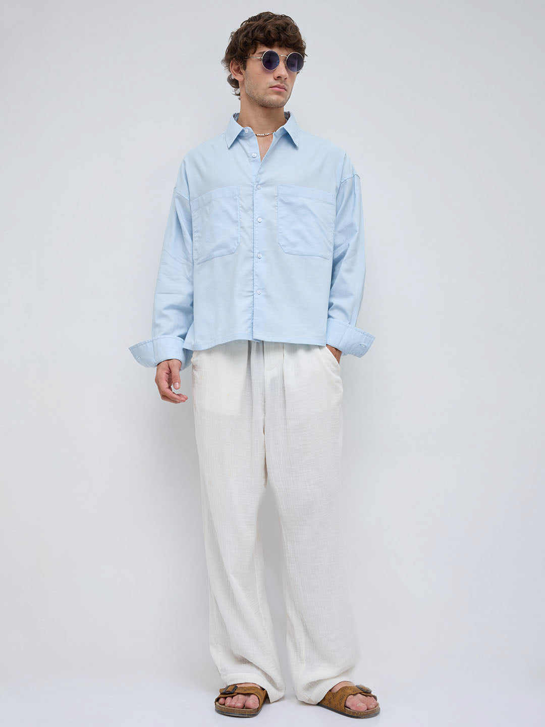 Light Blue Solid Double Pocket Boxy Fit Crop Shirt