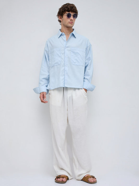 Light Blue Solid Double Pocket Boxy Fit Crop Shirt