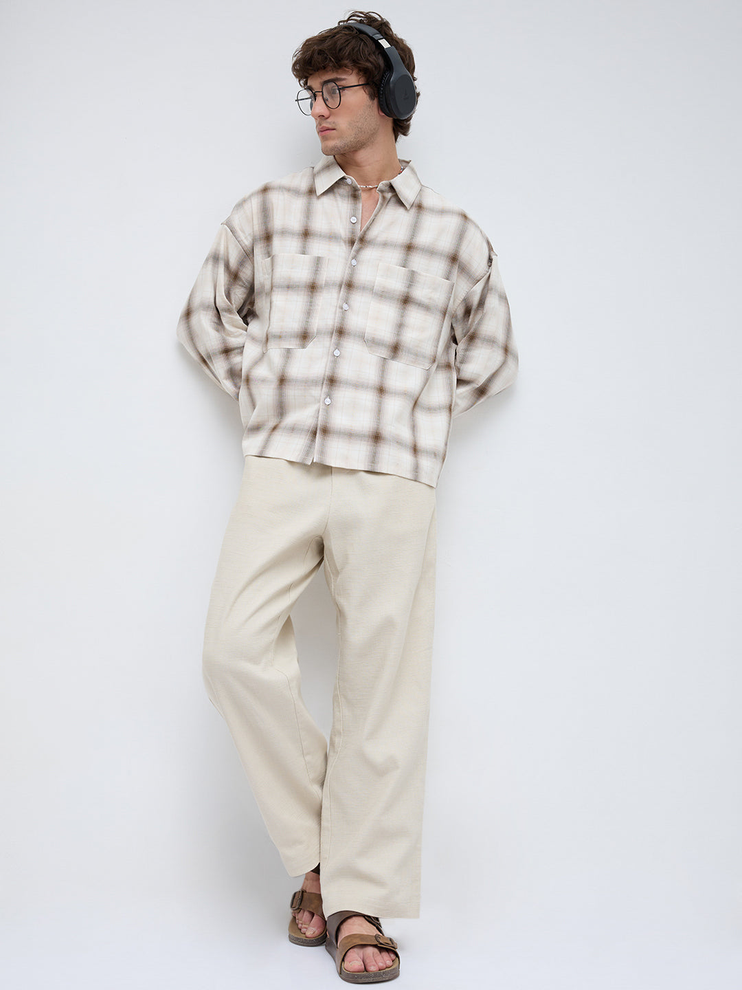 Beige & Brown Twin Pocket Boxy Fit Crop Shirt