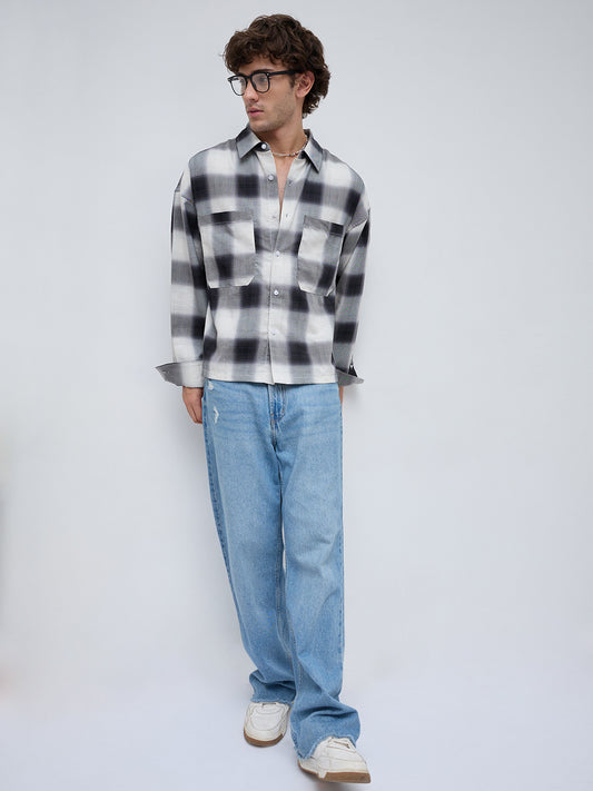 Monochrome Bold Grid Boxy Fit Crop Utility Shirt