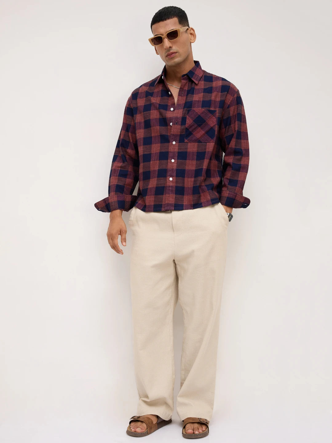 Autumn Navy & Brown Block Checks Boxy Fit Crop Shirt