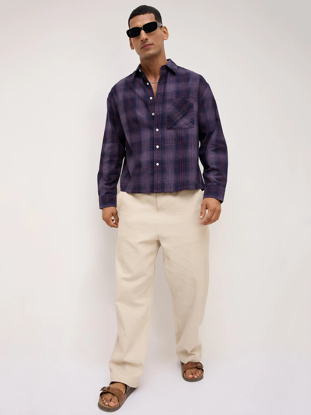 Iconic Purple & Copper Plaid Checks Boxy Fit Crop Shirt