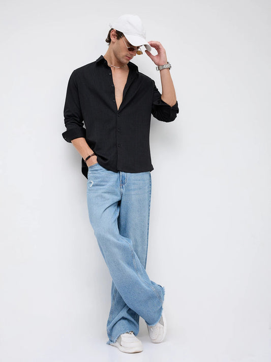 Black Mini Checks Textured Knitted Shirt