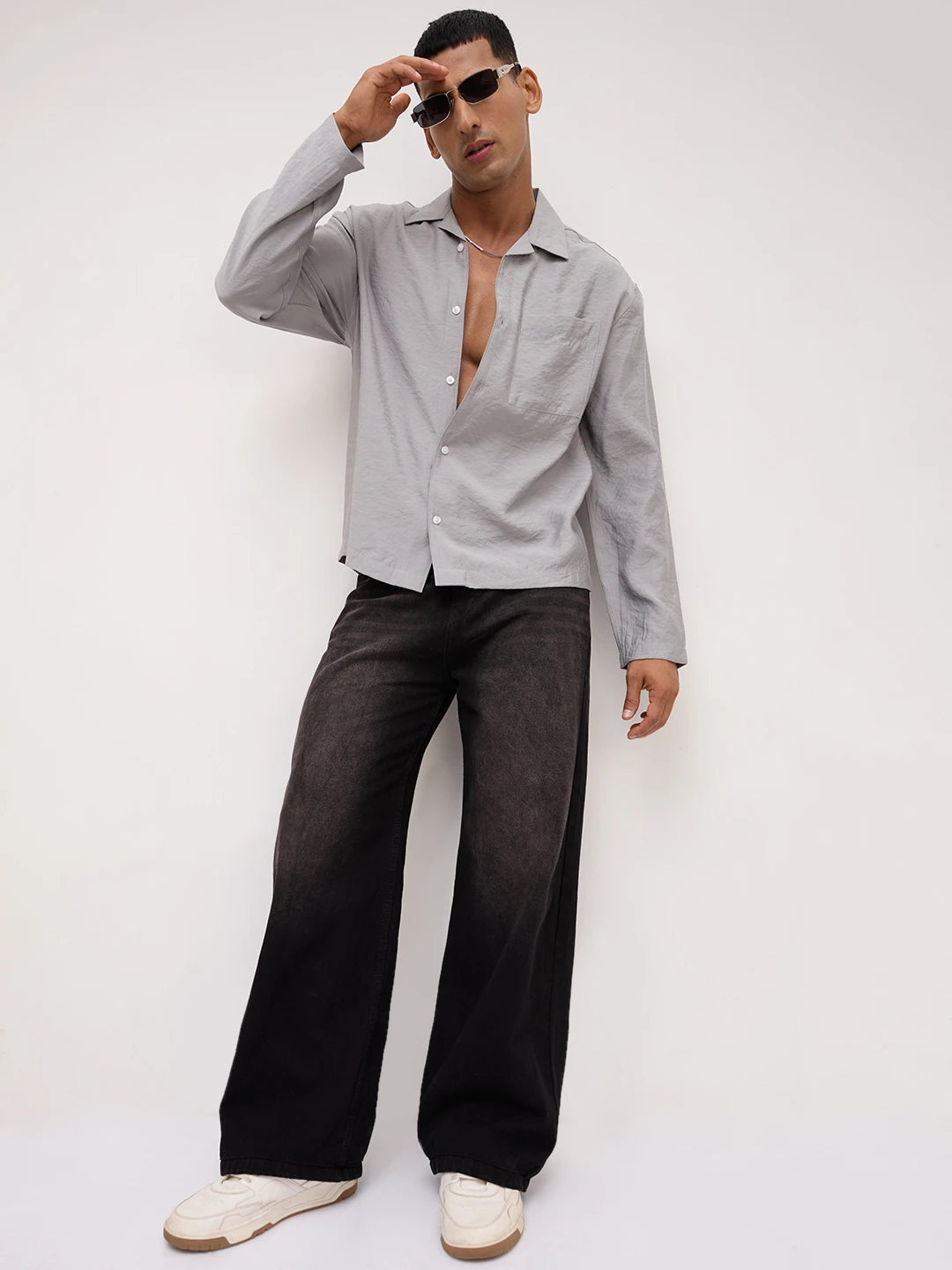 Refined Mist Grey Textured Oversized Notch Collar Shirt