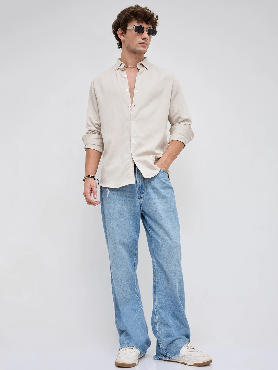 Creamy Beige Herringbone Textured Button-Down Shirt