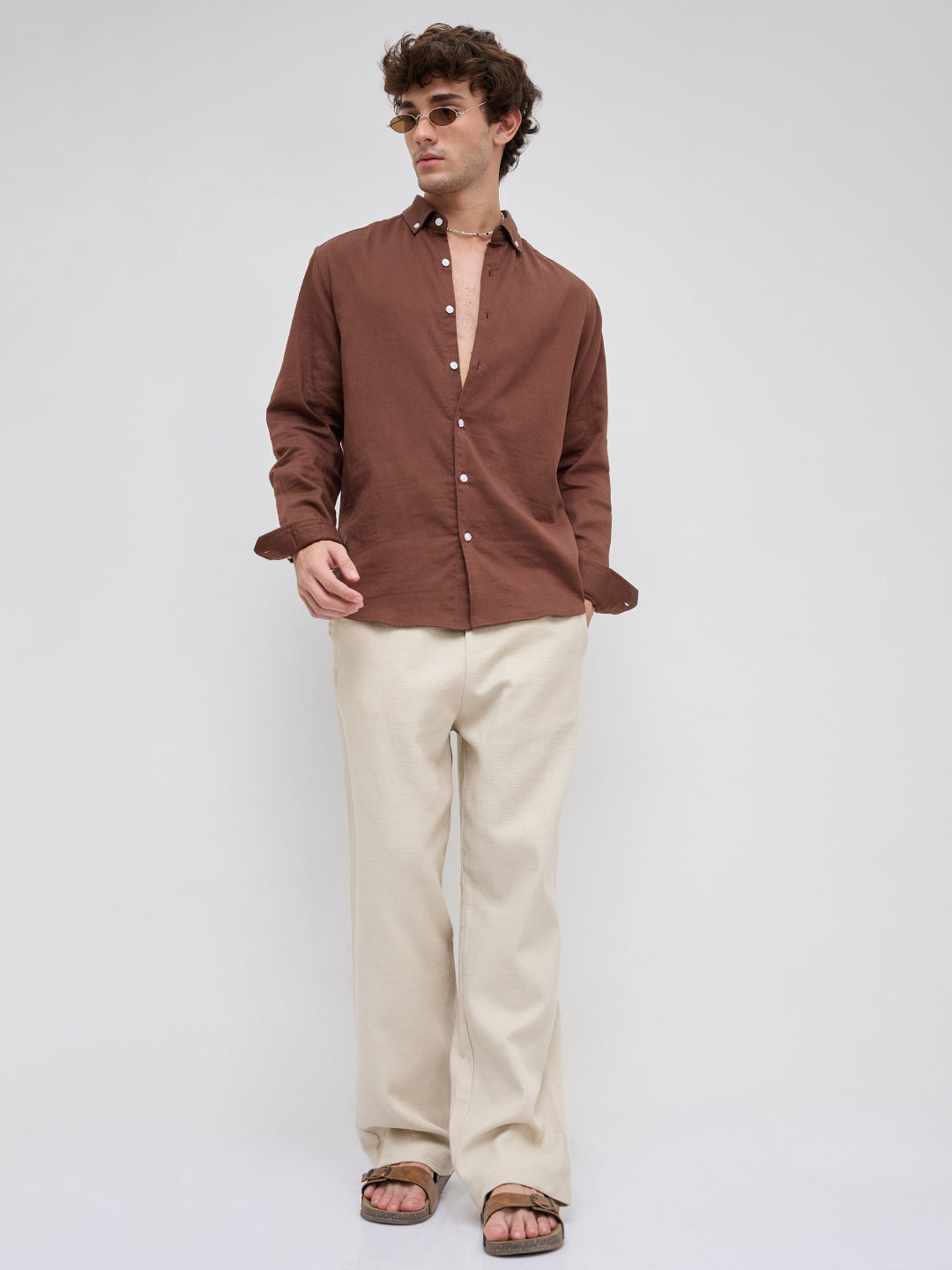 Warm Brown Herringbone Textured Button-Down Shirt