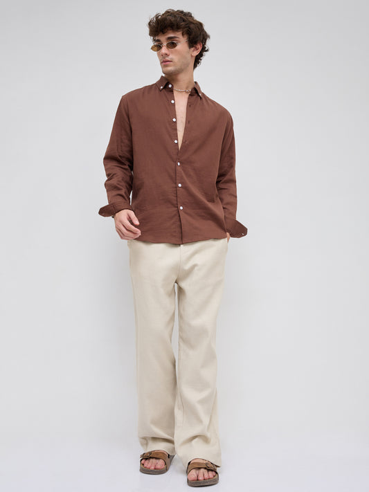 Warm Brown Herringbone Textured Button-Down Shirt