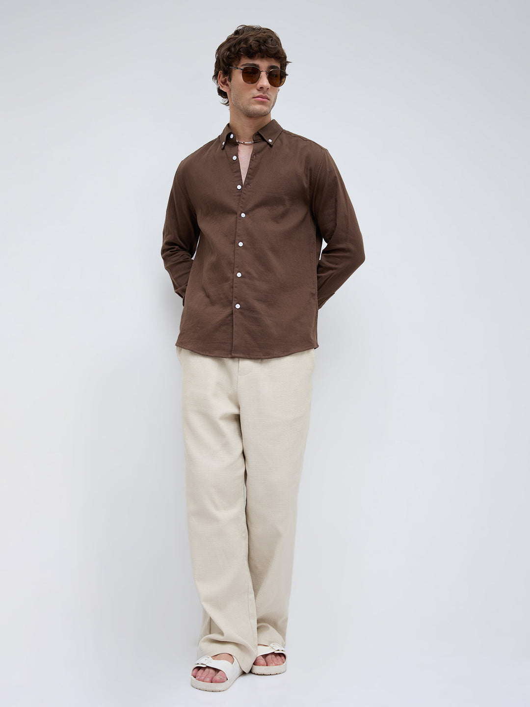 Coffee Brown Herringbone Textured Button-Down Shirt