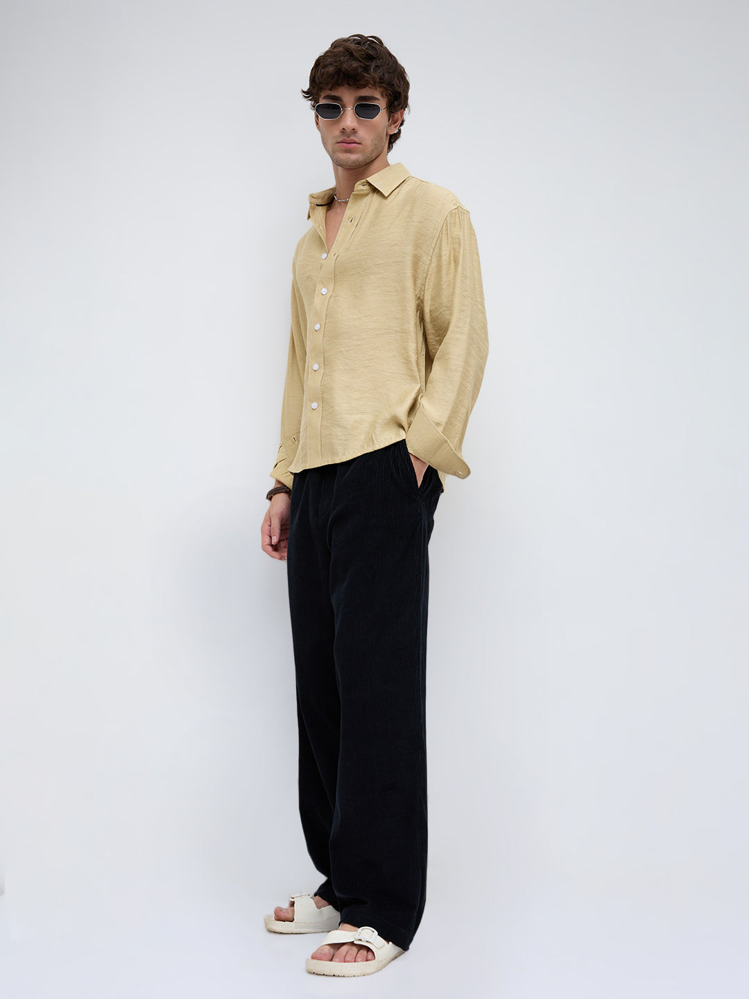 Dessert Gold Textured Boxy Fit Crop Shirt
