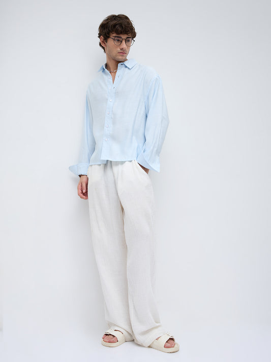 Arctic Breeze Textured Linen Blend Boxy Fit Crop Shirt