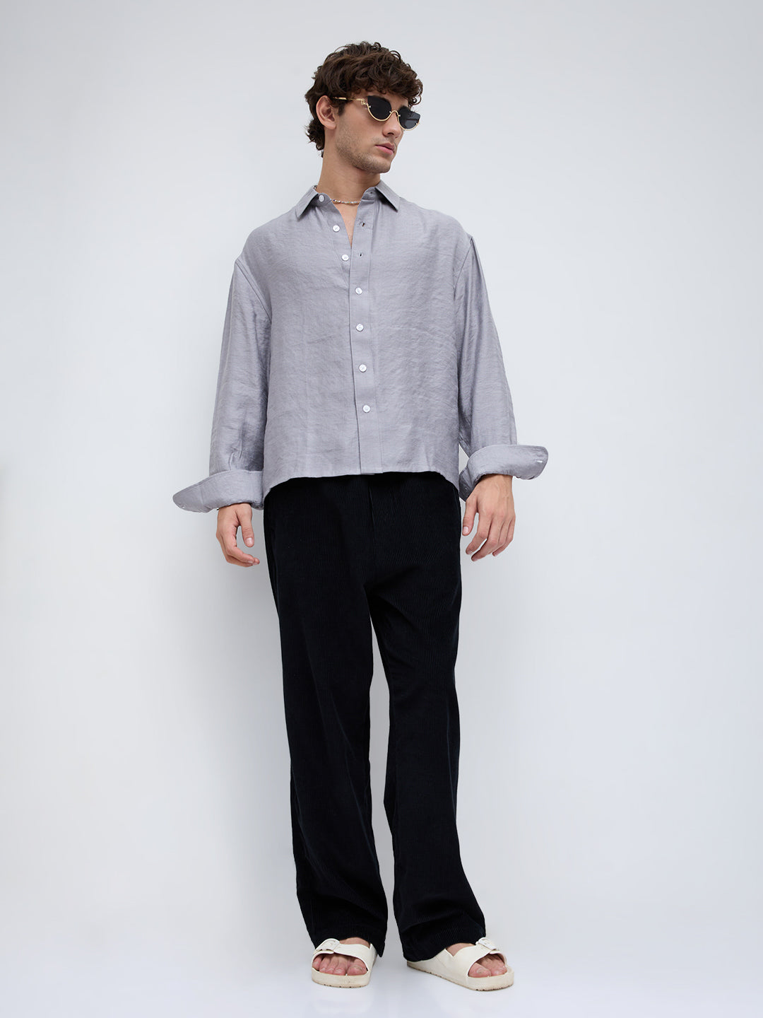 Ash Grey Crinkled Boxy Fit Crop Shirt