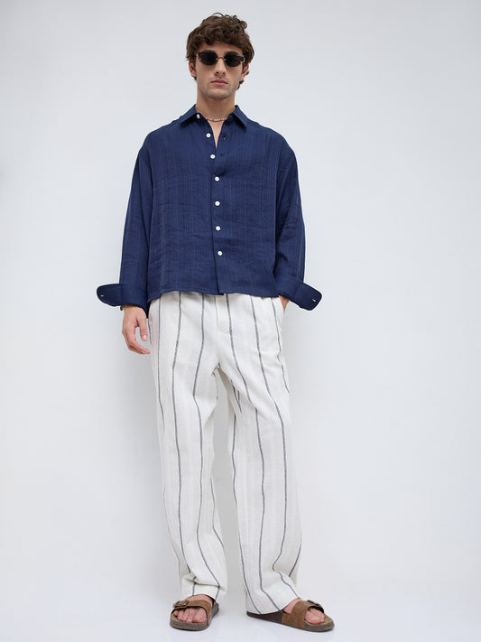 Lustre Navy Striped Weave Boxy Fit Crop Shirt
