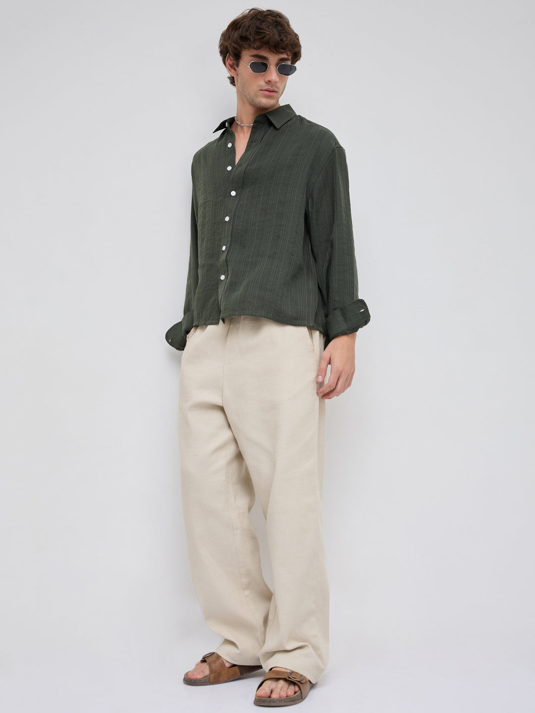 Olive Pin Striped Crinkled Boxy Fit Crop Shirt