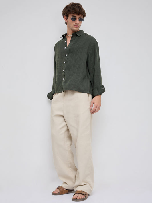 Olive Pin Striped Crinkled Boxy Fit Crop Shirt