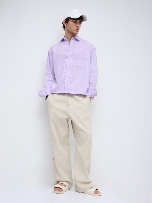 Pastel Lavender Linen Blend Boxy Fit Crop Shirt