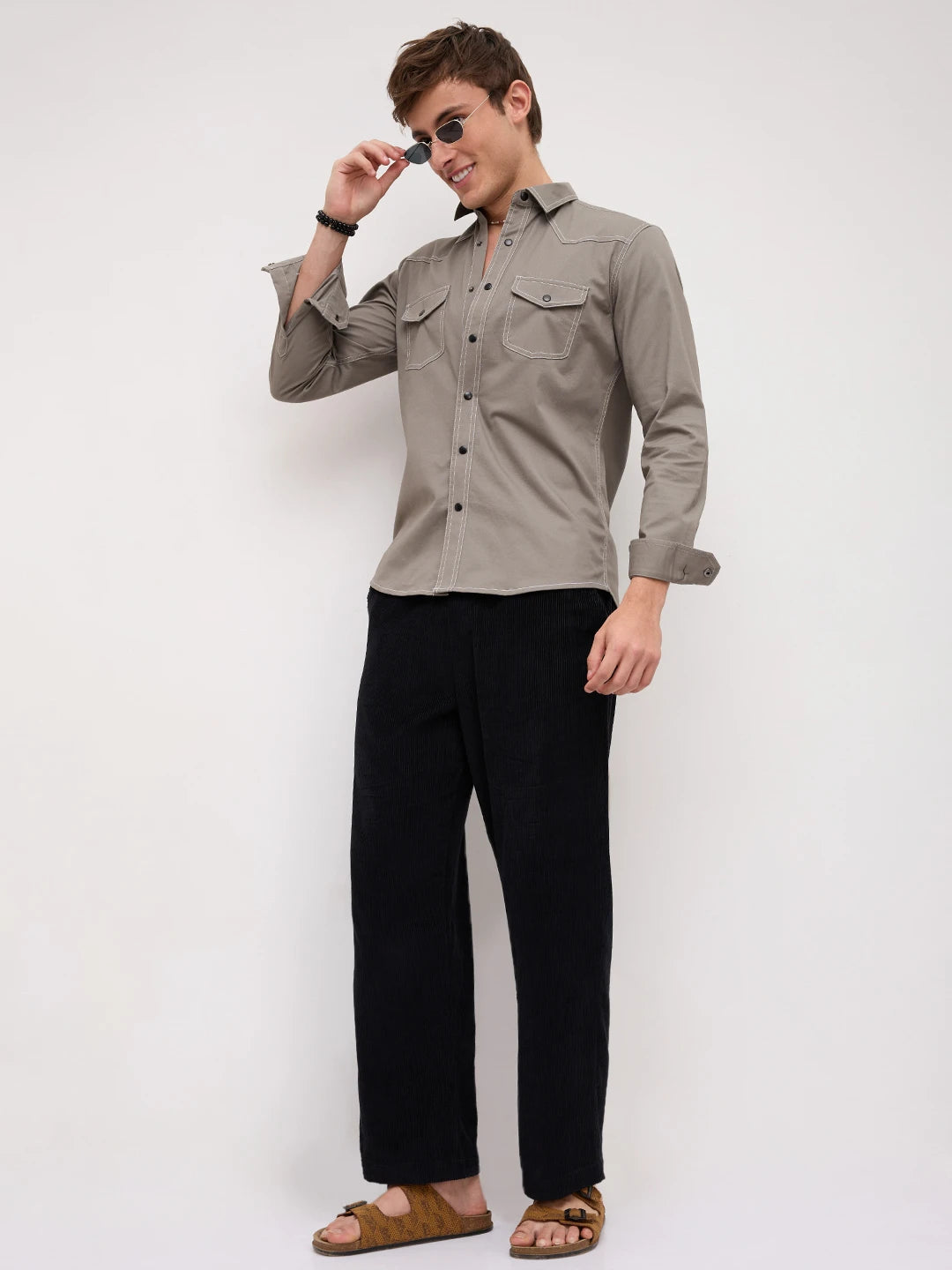 Grey Contrast Stitch Twin Pocket Shirt