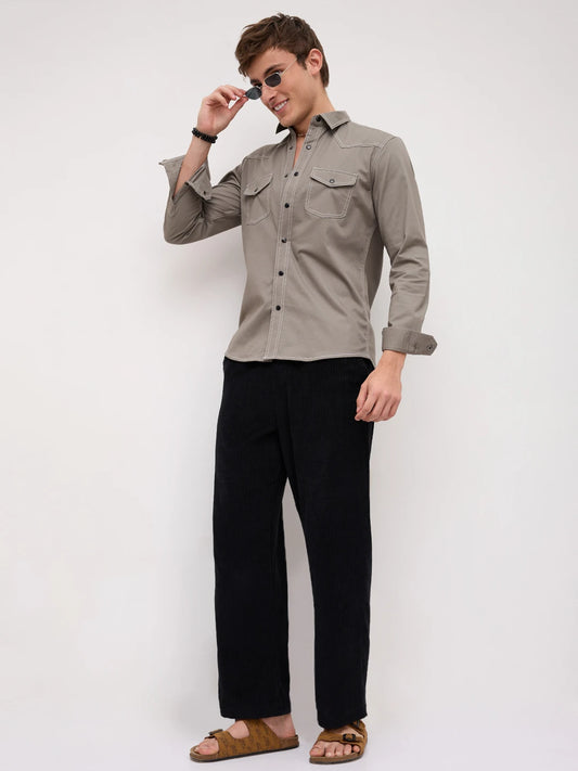 Grey Contrast Stitch Twin Pocket Shirt
