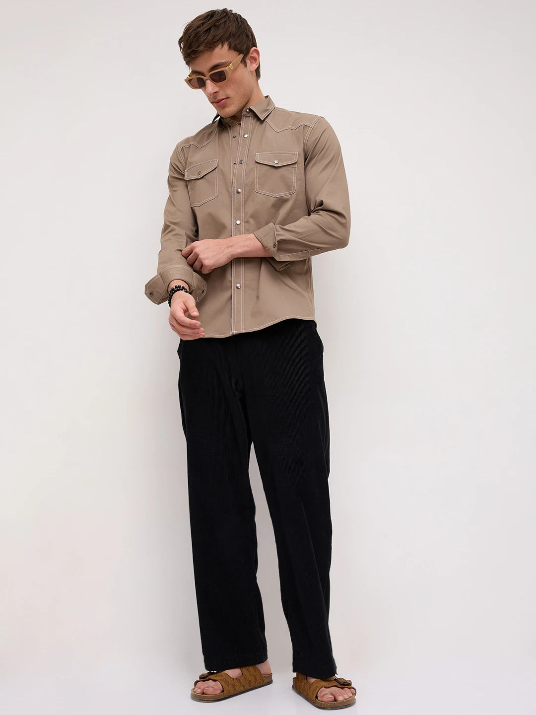 Taupe Contrast Stitch Twin Pocket Shirt