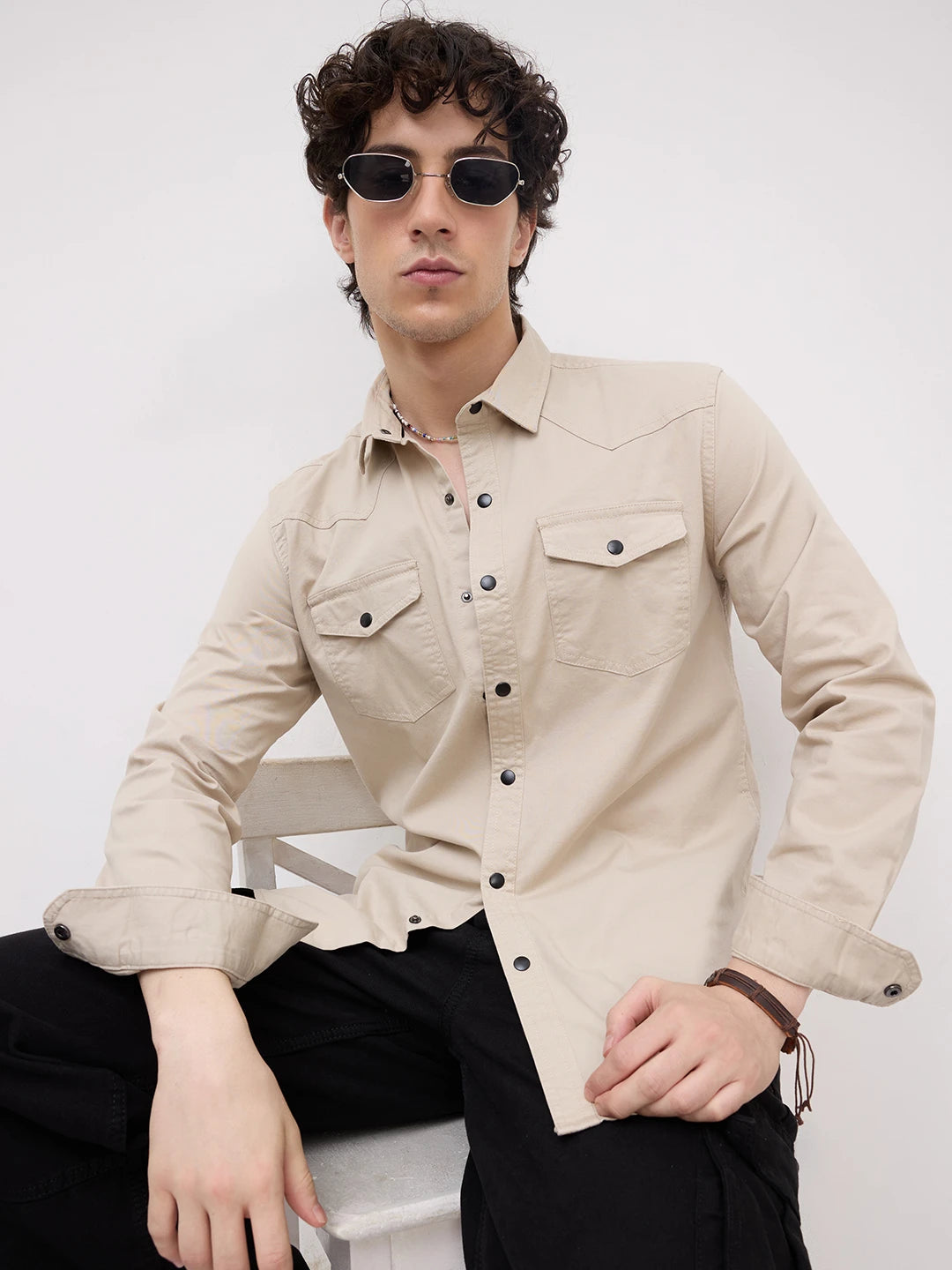 Stone Beige Contrast Stitch Twin Pocket Shirt