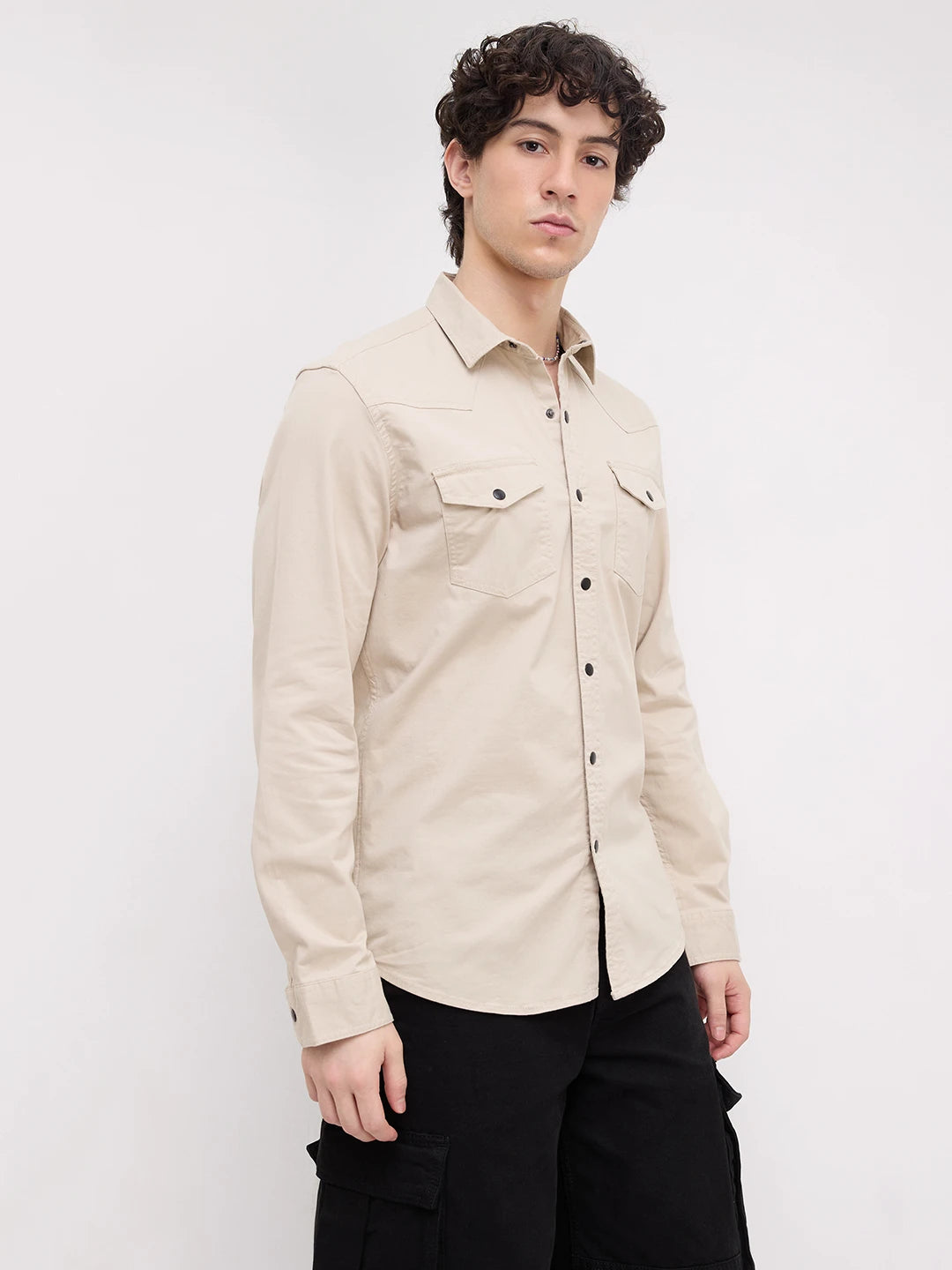Stone Beige Contrast Stitch Twin Pocket Shirt