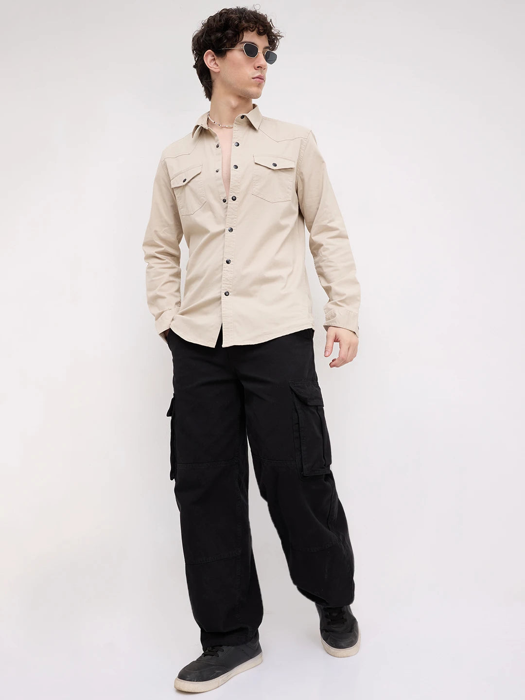 Stone Beige Contrast Stitch Twin Pocket Shirt