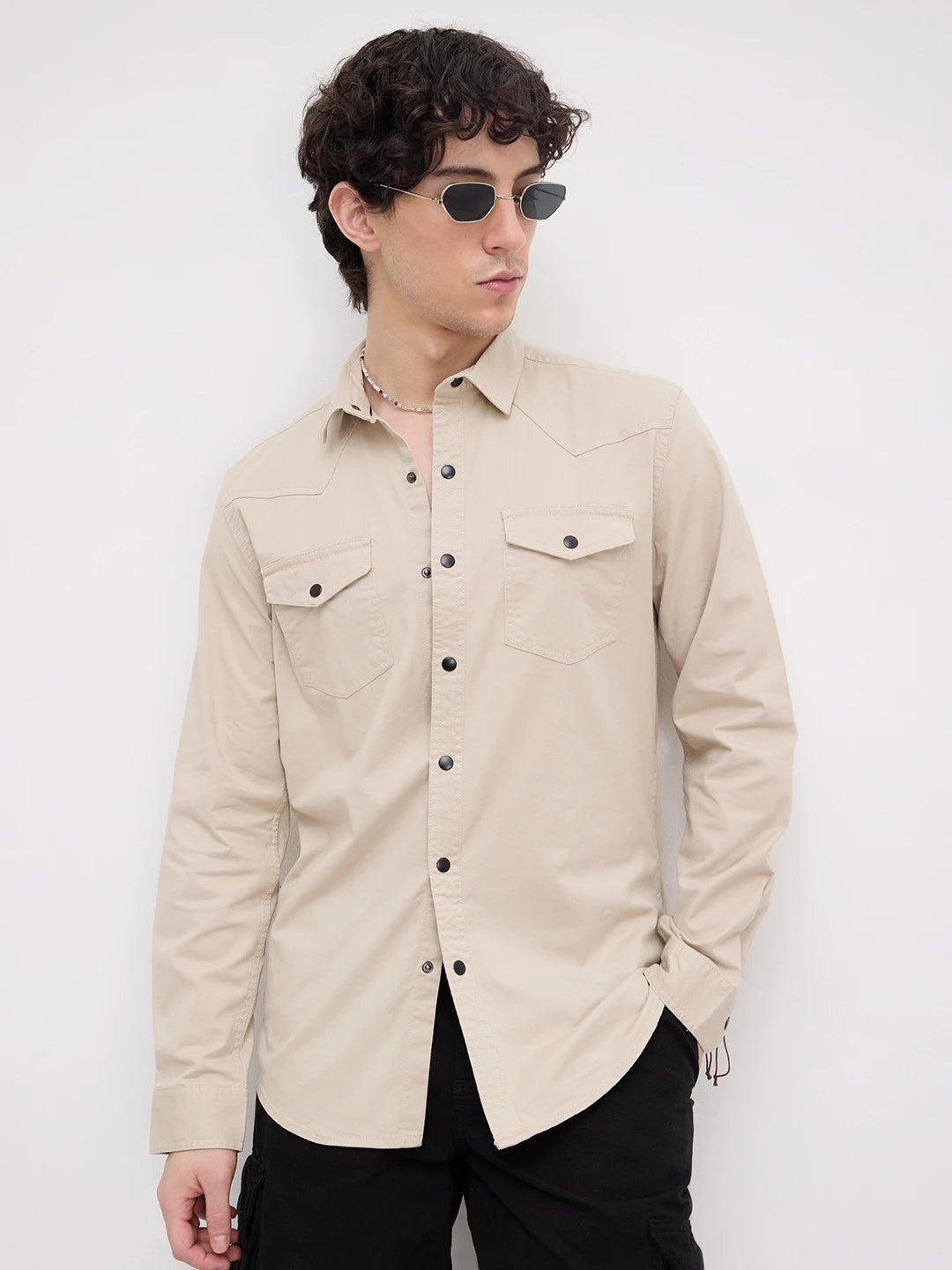 Stone Beige Contrast Stitch Twin Pocket Shirt