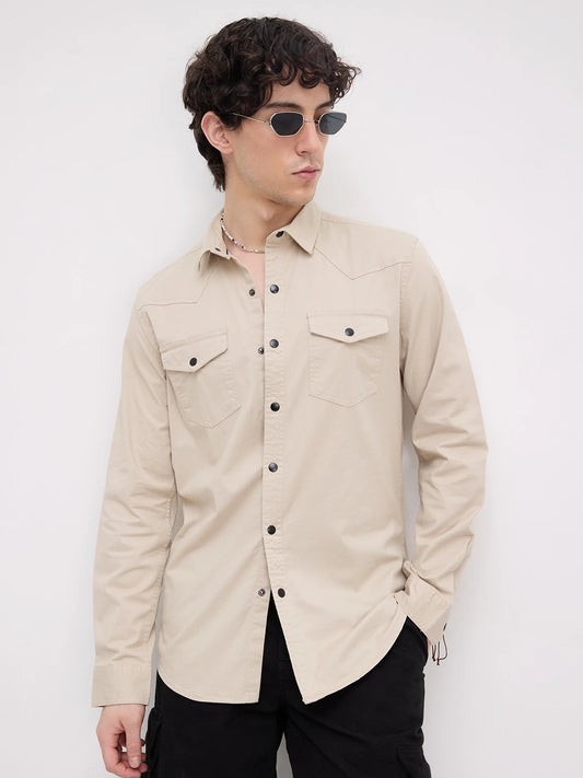 Stone Beige Contrast Stitch Twin Pocket Shirt