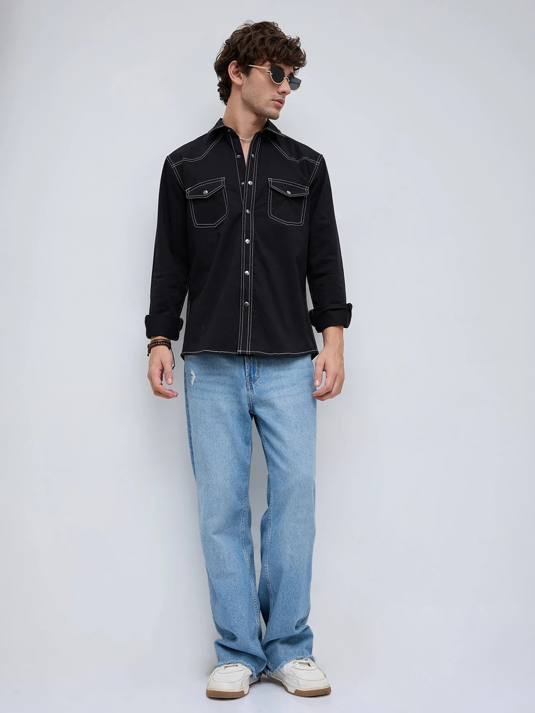 Black Contrast Stitch Twin Pocket Shirt