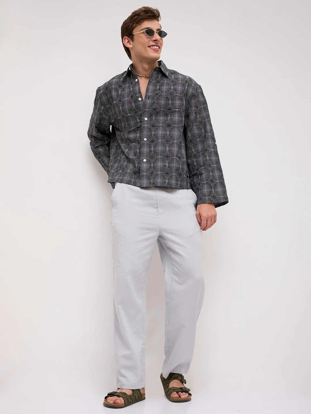 Monochrome Glitch Micro Check Matrix Cuffless Oversized Crop Shirt
