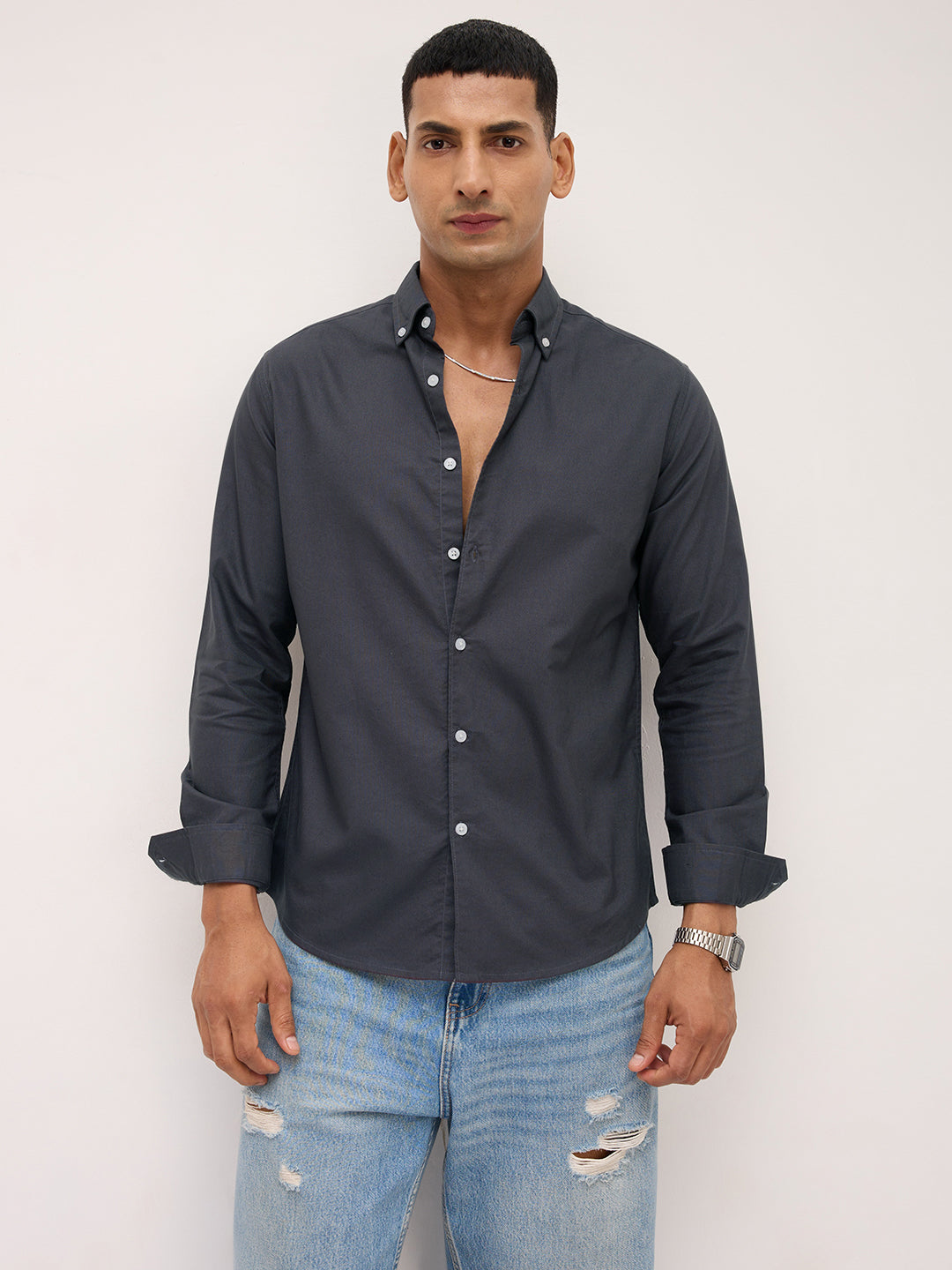 Elegant Grey Button-Down Collar Oxford Shirt