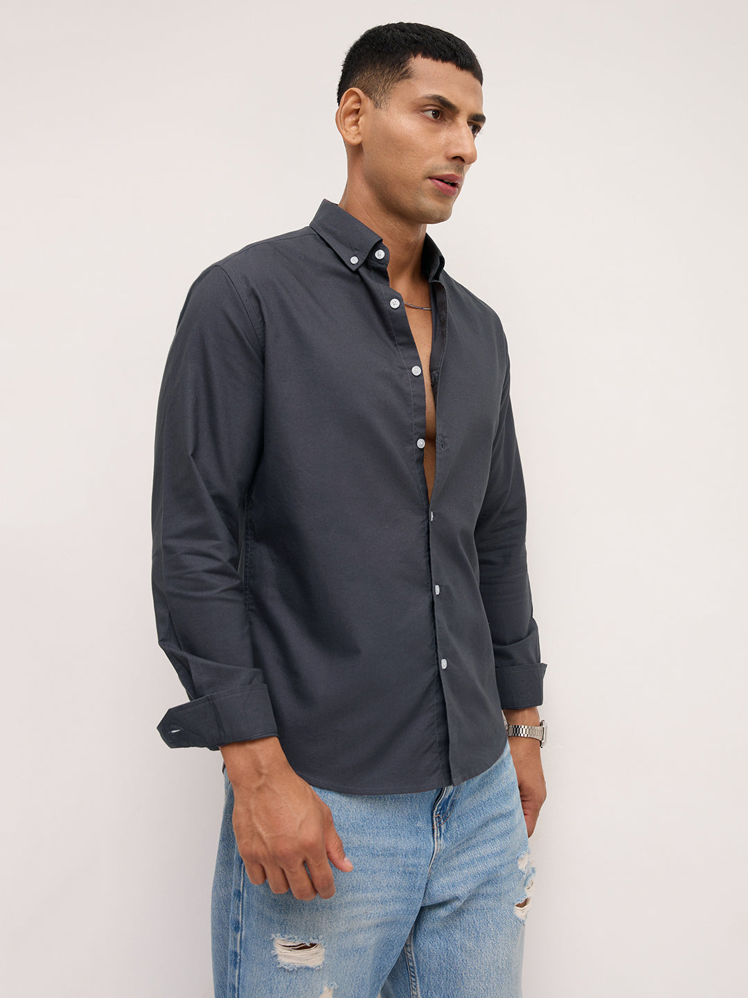 Elegant Grey Button-Down Collar Oxford Shirt